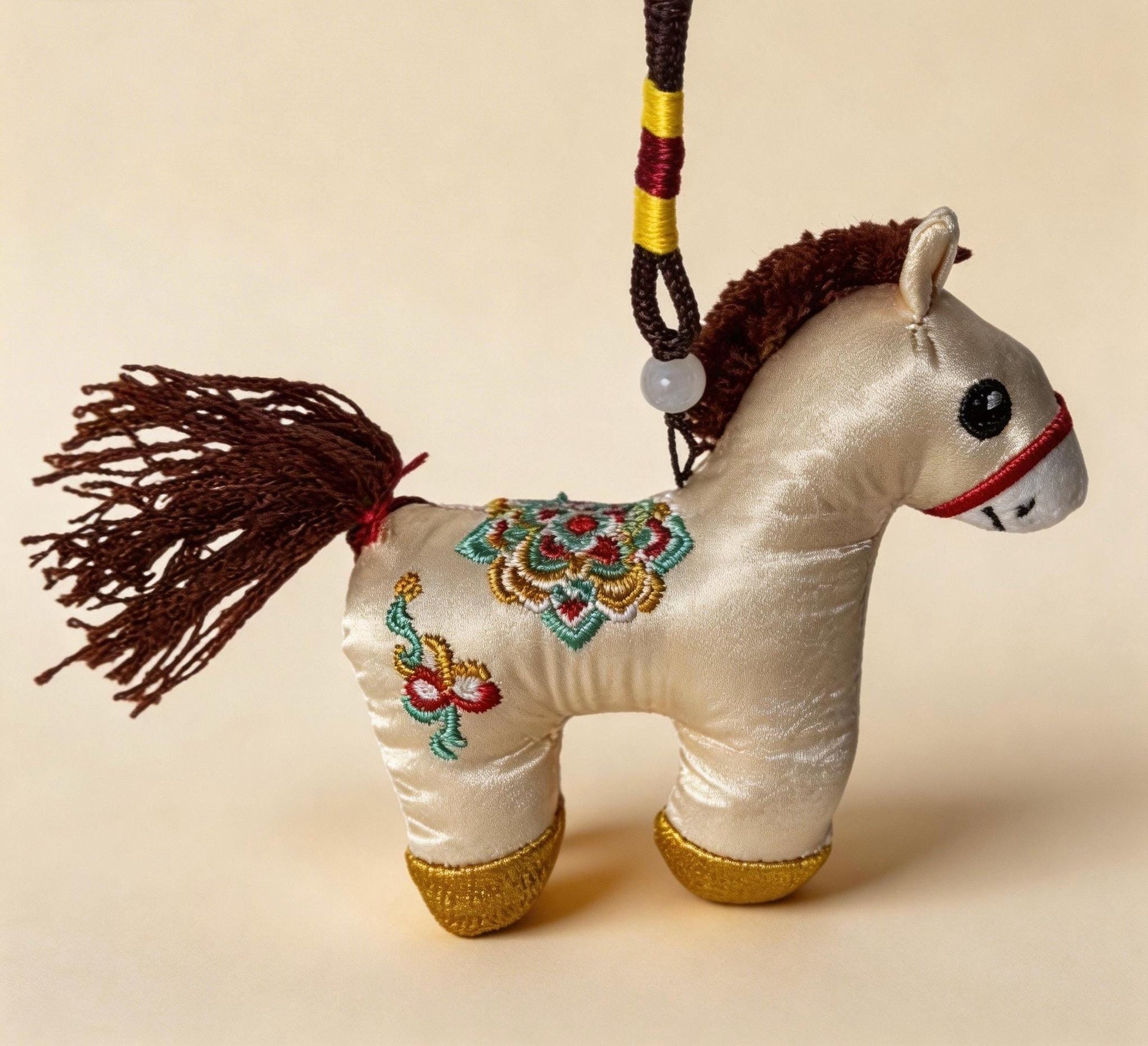 Ivory Lucky Horse Charm by JOFAE Kyoto, handmade Japanese amulet with hand-embroidery, symbol of protection, safe journey, and gentle strength.