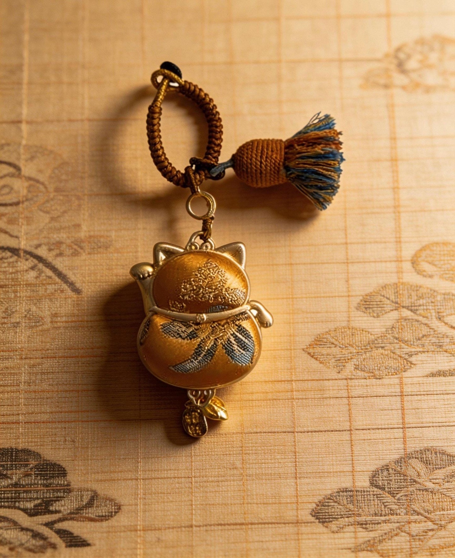 Yellow Maneki Neko Lucky Charm by JOFAE Kyoto, handmade amulet symbolizing wealth, success, and abundance in traditional artisan style.