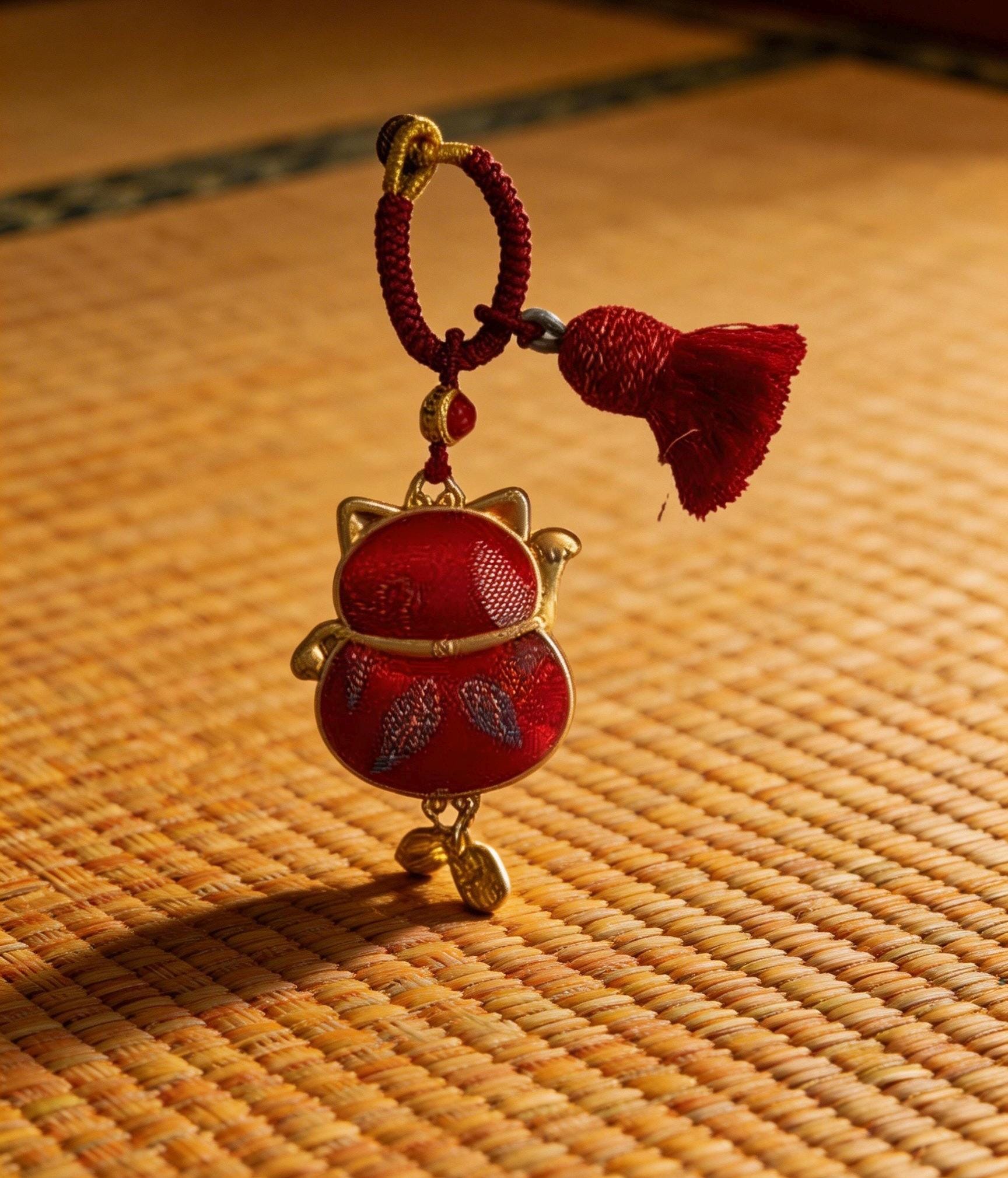 Red Maneki Neko lucky charm by JOFAE Kyoto, traditional Japanese handmade amulet symbolizing wealth, prosperity, and good fortune.