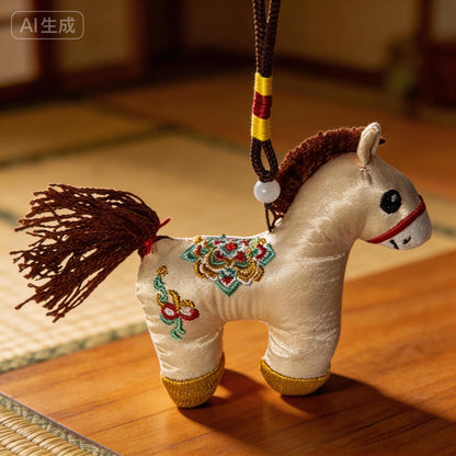 Ivory Lucky Horse Charm by JOFAE Kyoto, handmade Japanese amulet with embroidery symbolizing safe journey and protection.