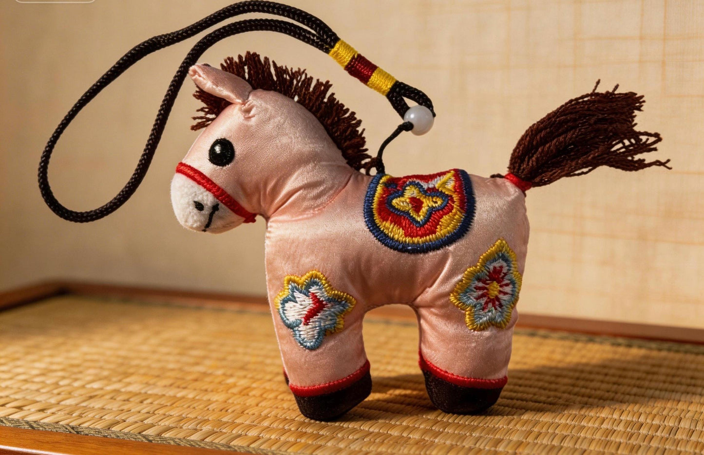 Pink Lucky Horse Charm by JOFAE Kyoto, handmade amulet representing love, kindness, and emotional warmth with intricate artisan craftsmanship.