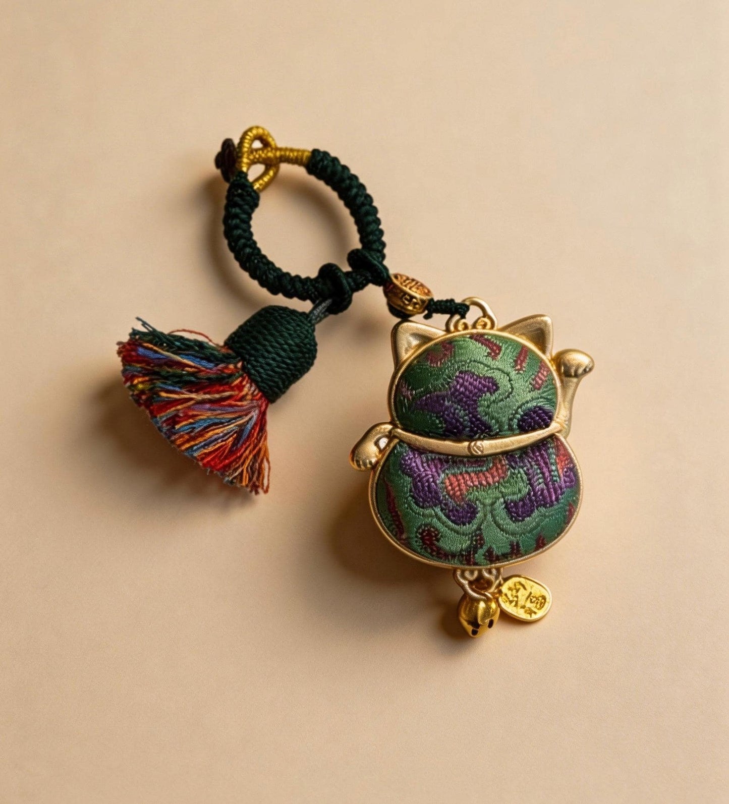 Green Maneki Neko Lucky Charm from JOFAE Kyoto, traditional Japanese handmade amulet symbolizing luck, harmony, and balance.