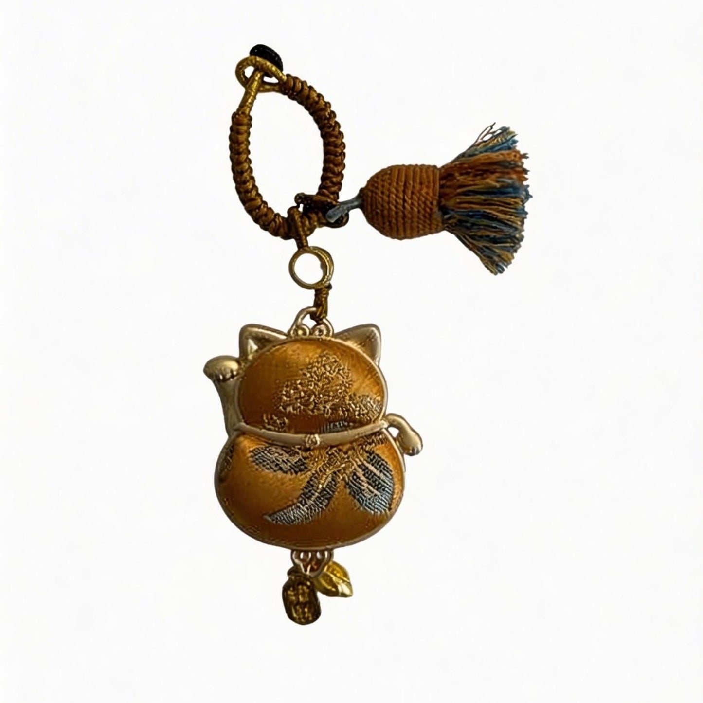 Yellow Maneki Neko lucky charm by JOFAE Kyoto, handmade amulet symbolizing wealth, success, and abundance in traditional craft style.