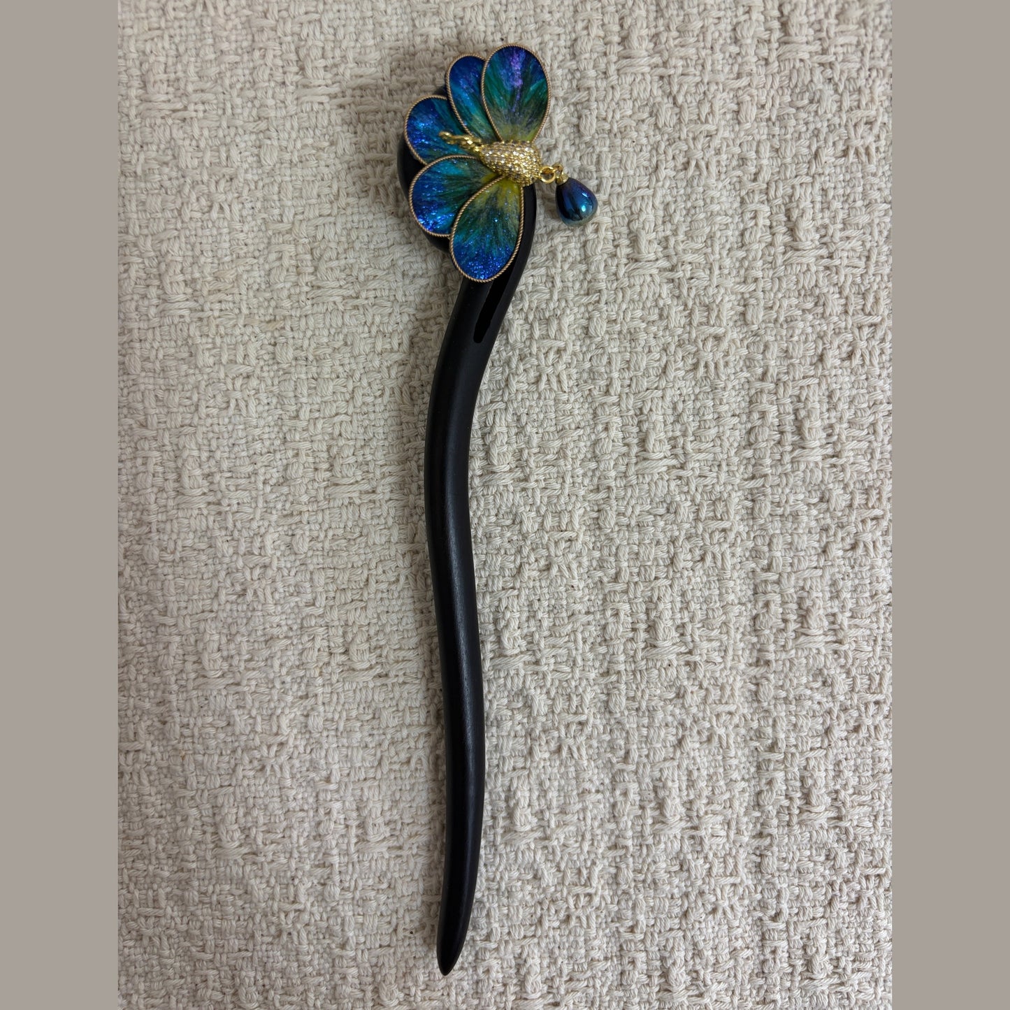 Iridescent Peacock Hair Stick with Drop Charm by JOFAE Kyoto