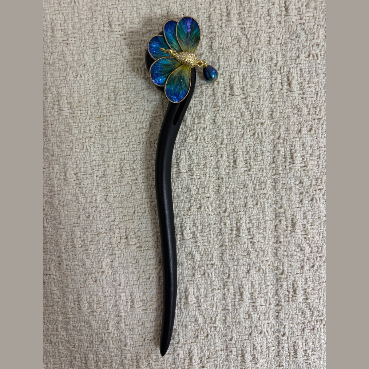 Iridescent Peacock Hair Stick with Drop Charm by JOFAE Kyoto