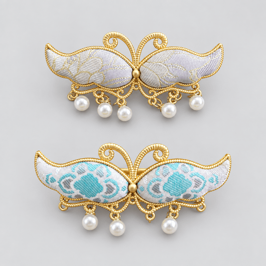 JOFAE Kyoto Handmade Brocade Butterfly Spring Clip with Pearl Tassels – Romantic Motion Edition - JOFAE Kyoto