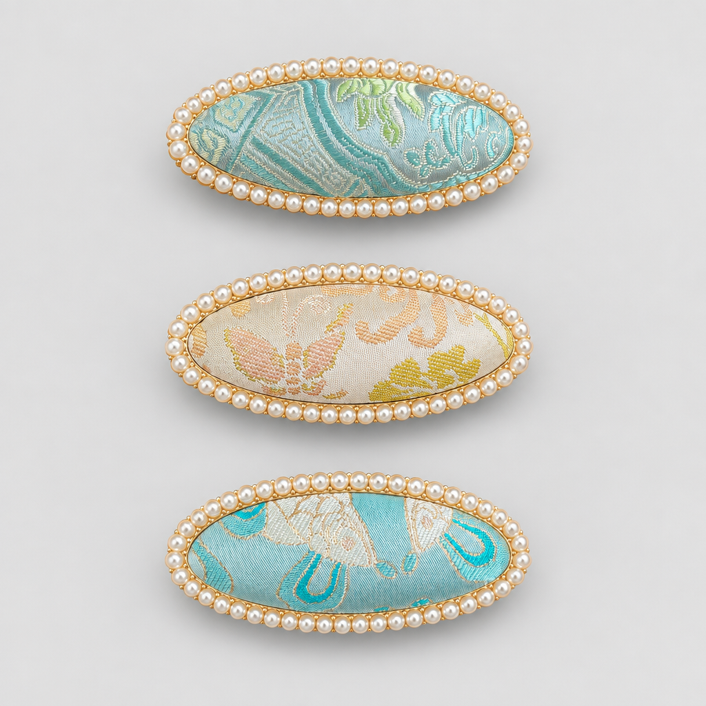 JOFAE Kyoto Handmade Brocade Oval Hair Clip with Pearl Frame
