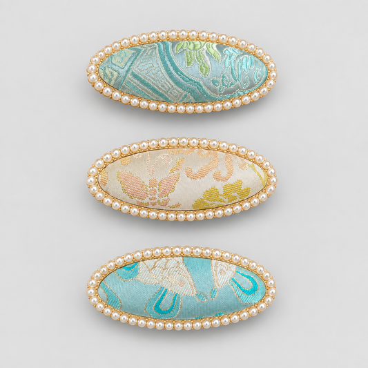 JOFAE Kyoto Handmade Brocade Oval Hair Clip with Pearl Frame