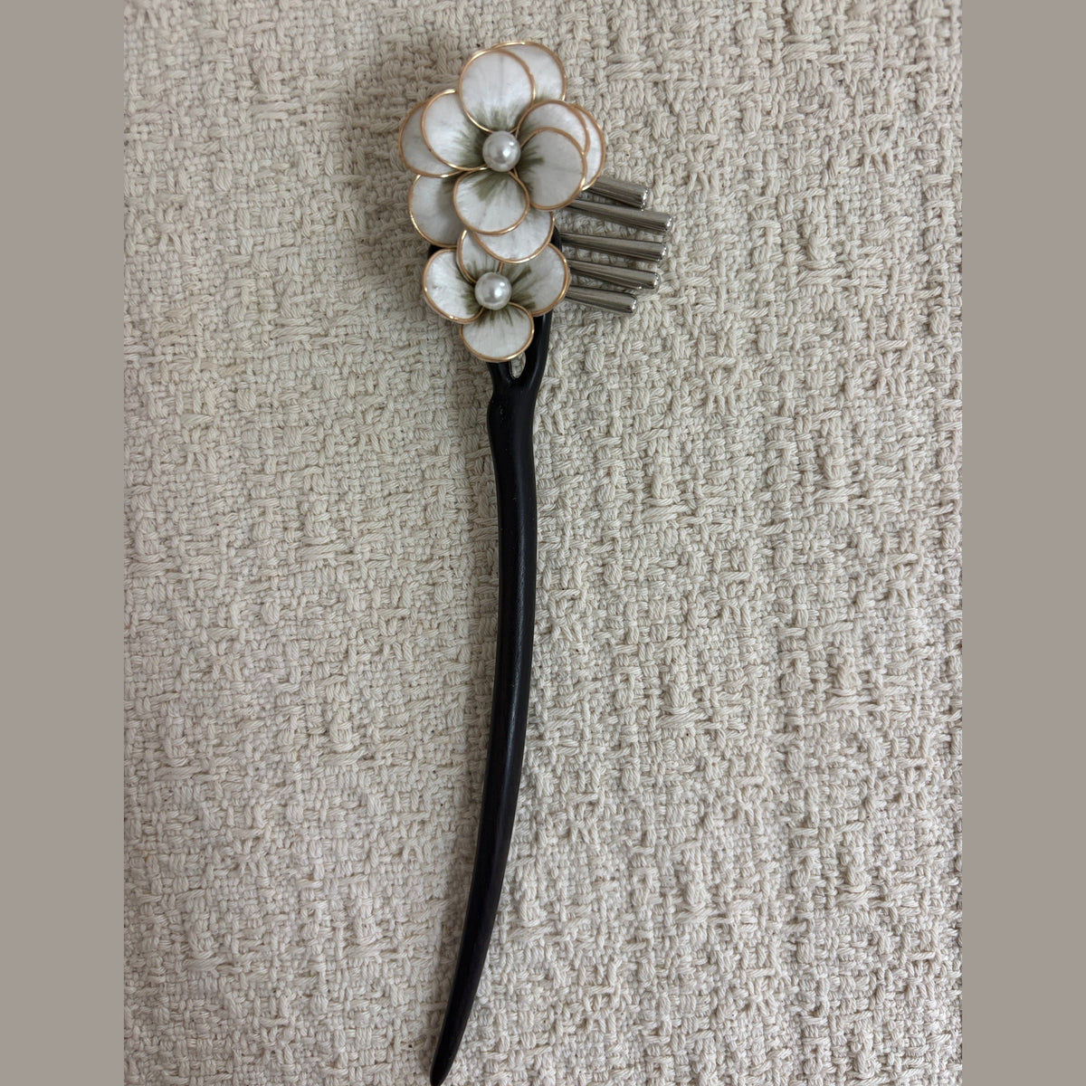 Layered Textile Flower Hair Stick with Metal Drops by JOFAE Kyoto