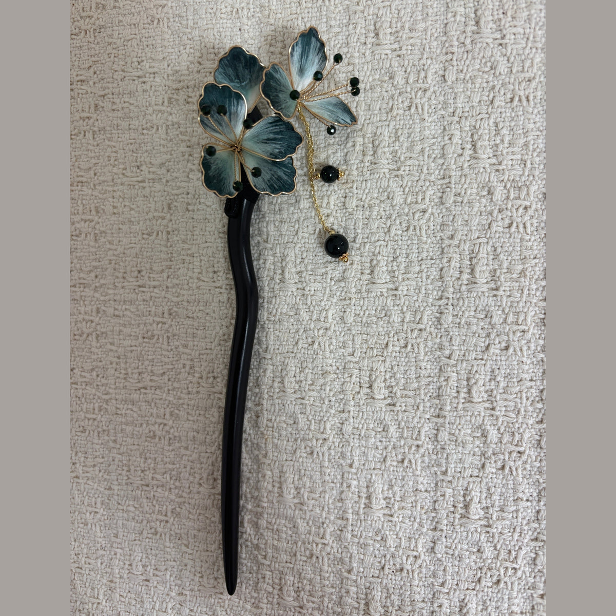 Textile Blossom Hair Stick with Bead Tassels by JOFAE Kyoto