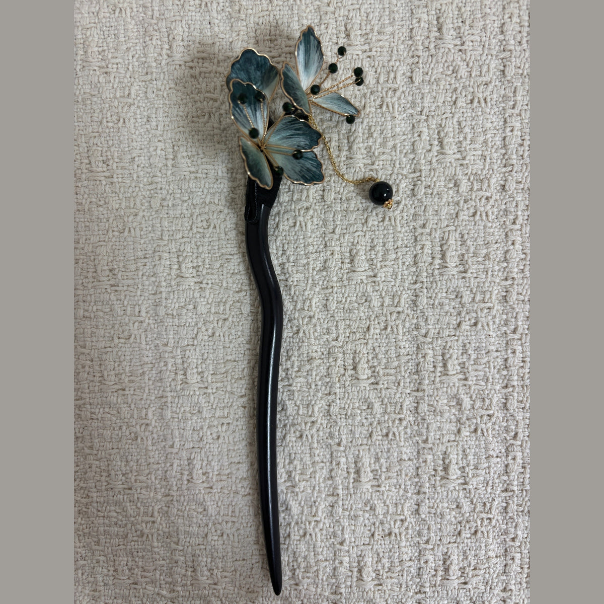 Textile Blossom Hair Stick with Bead Tassels by JOFAE Kyoto